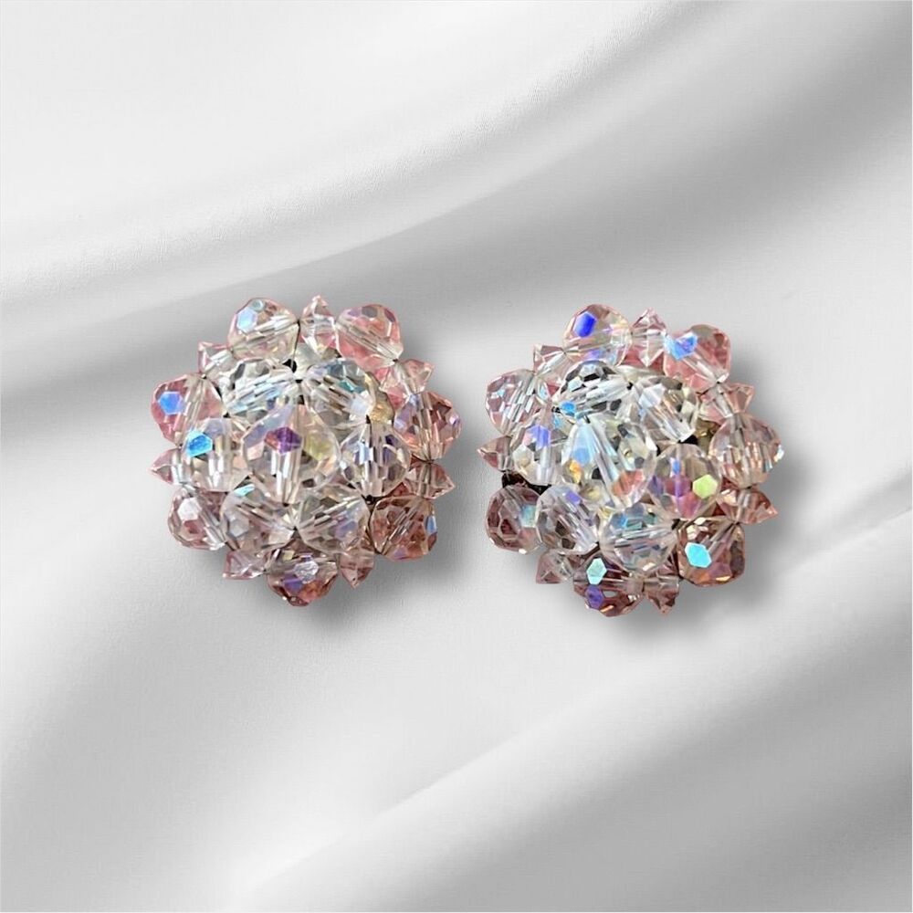 Vintage Aurora Borealis Multicolor Crystal Beaded Clip-On Earrings